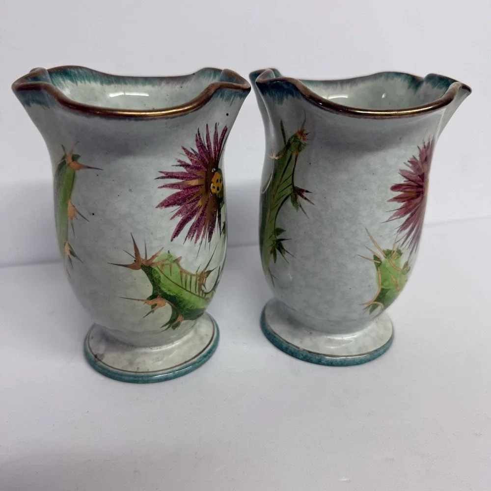Set Of Italian Vases Hand Painted Thistle Aqua Purple Green‎ w/Gold Trim Ruffle
